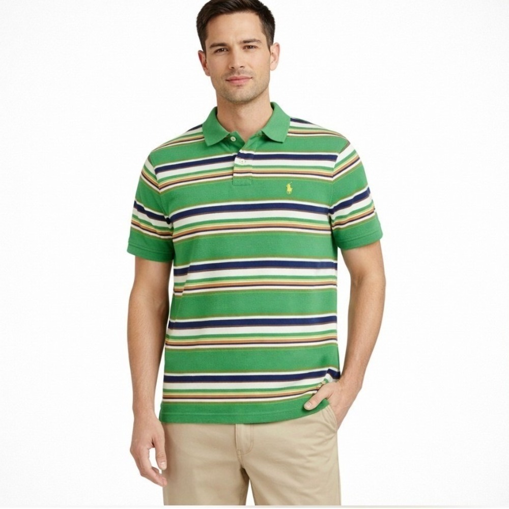 Polo Ralph Lauren Green Striped Golf‎ Preppy Country Club Polo Shirt Men's L